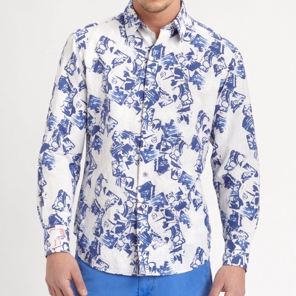 Robert Graham Printed Linen Button Down Shirt Embroidered Point Collar Size 3XLT